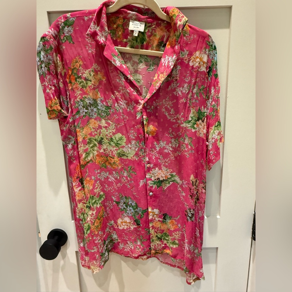 HEMANT & NANDITA Hot Pink Floral Blouse with Gold Accents